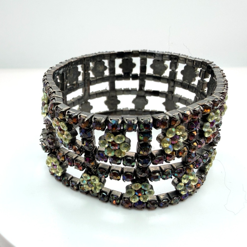 Vintage Gunmetal Rhinestone Cuff Bracelet Floral Grid Y2K 90s Goth